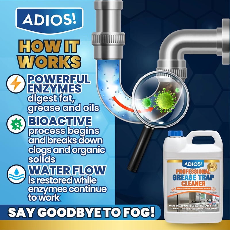 ADIOS! Professional Grease Trap Cleaner for FOG – Cleans Fats, Oils & Grease from Drains Pipes, Safe Enzyme Based Formula for Preventative Maintenance - Image 3